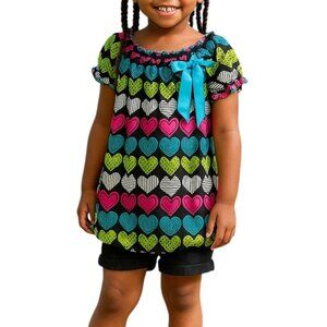 Girls Tempted Size 5 Top Girls Multicolor Heart Print Short Sleeve With Blue Bow